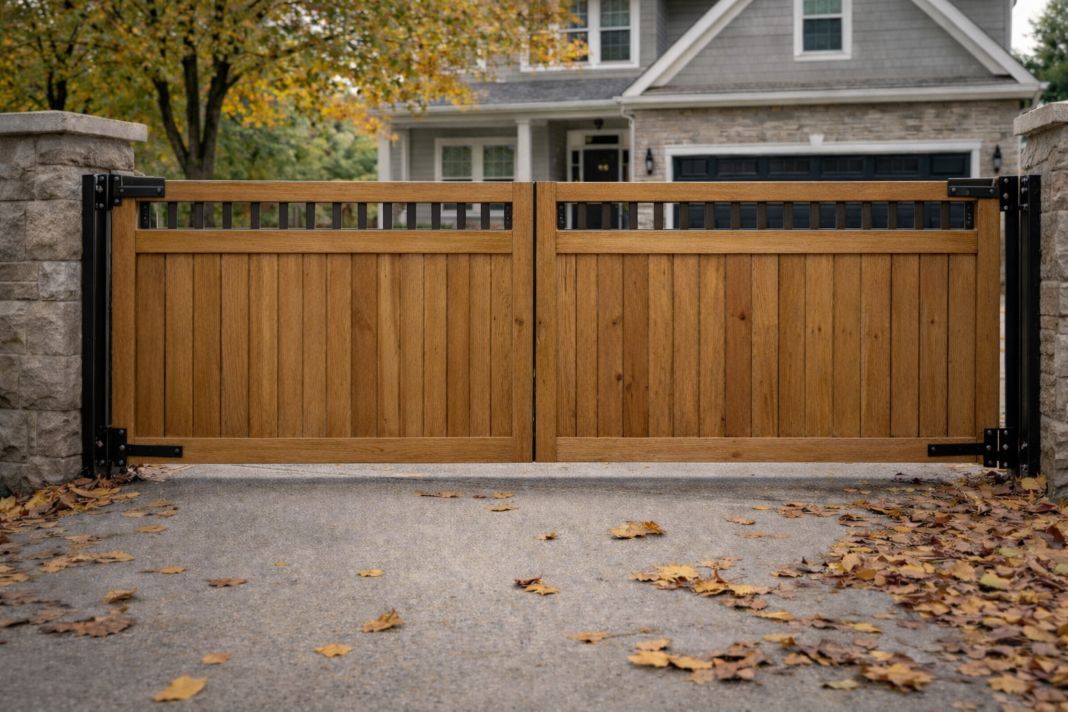 an ai photo of.a black steel driveway gate installed at a suburban Kansas City home