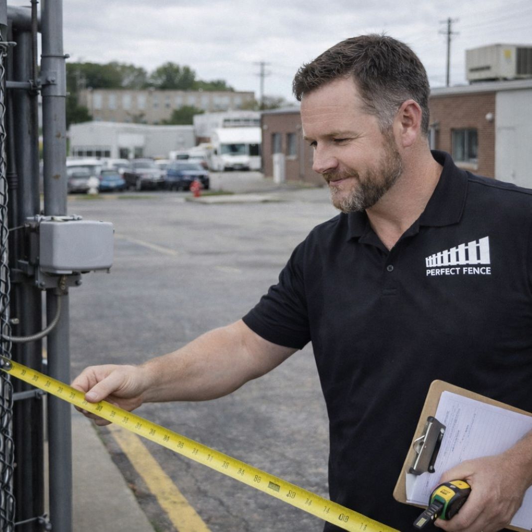 a photo of Eric owner of Perfect Fence Company measuring a gate to quote for a commercial client