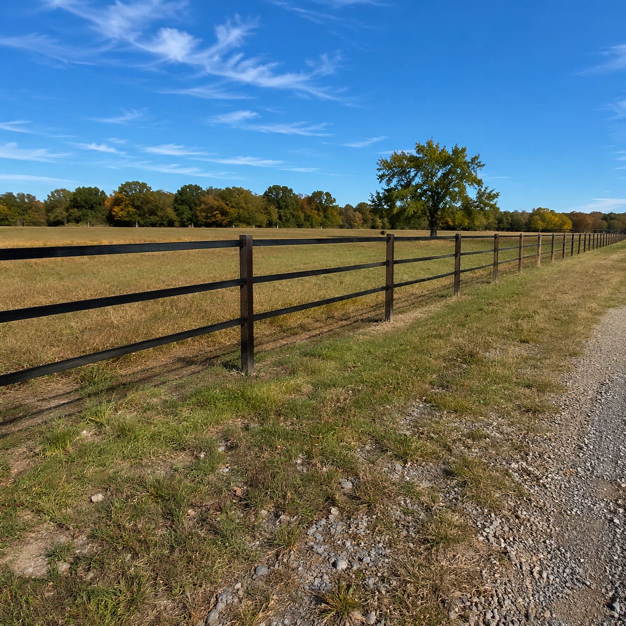 Agricultural Fence – Long timber rail fence running alongside countryside track - Sample Image