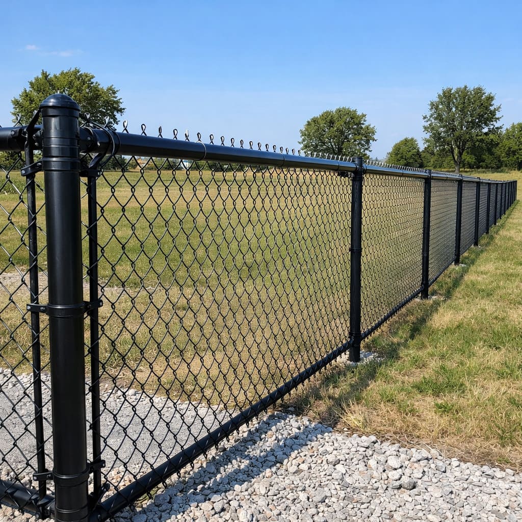 Chain-Link Fence – Galvanised chain-link fencing with steel posts along grassy field - Sample Image