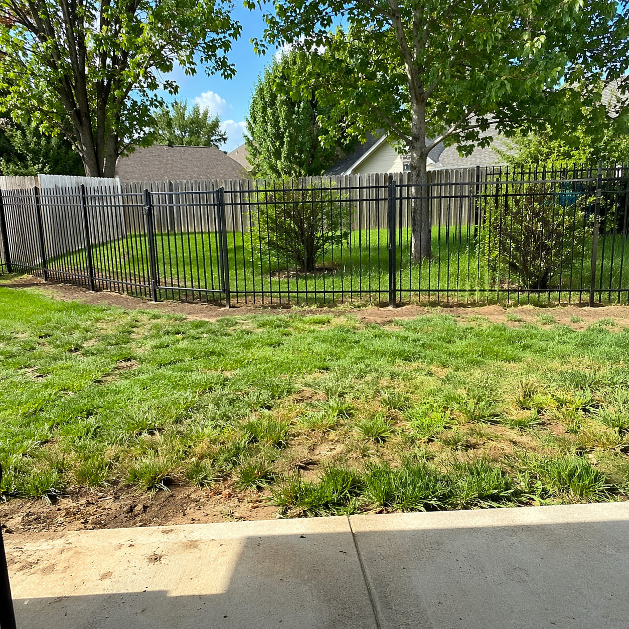 Pet Fence – Black metal garden fence enclosing residential backyard lawn - Sample Image