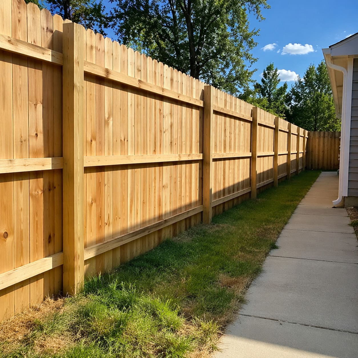Wood Fence – Vertical timber panel fencing along residential side yard - Sample Image